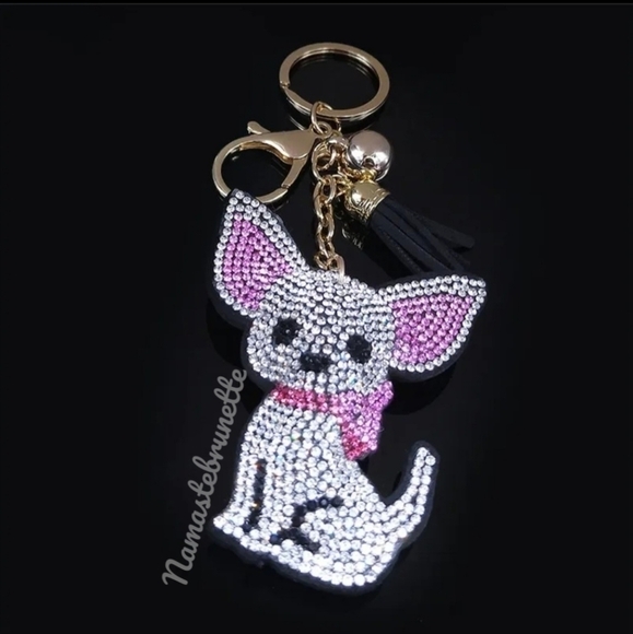 Chihuahua Dog Crystal Rhinestone Keychain Bag Charm With Black Tassel - Picture 12 of 17